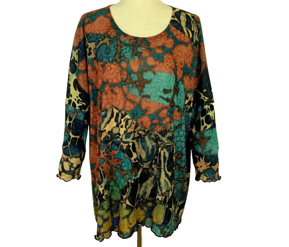 Amma Design Women's Plus M Tie Dye Print Scallop Hem Oversized Tunic Top